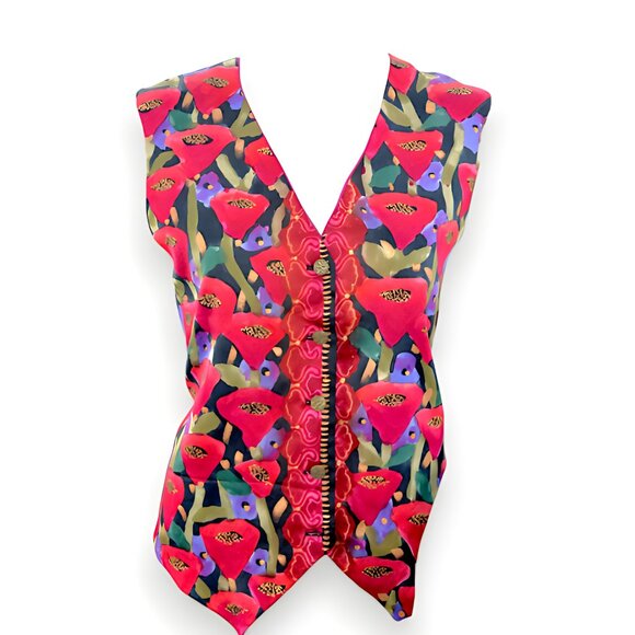 Wearable Art Red Green Purple Poppy Boho Artistic Chic Floral Cropped Vest M L - Picture 5 of 6